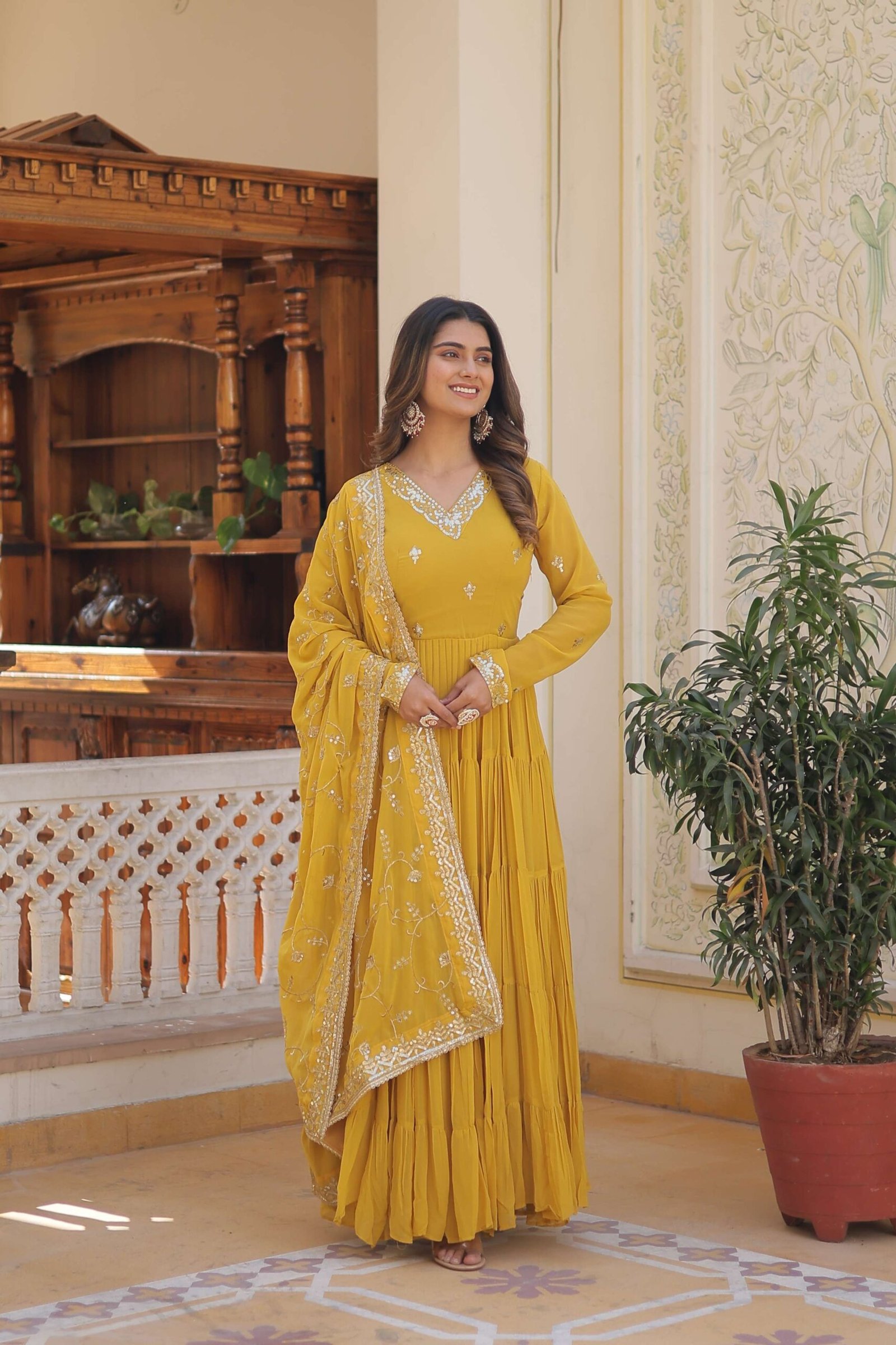 Yellow Faux Georgette Designer Gown with Sequined Dupatta ? Fully Flared Elegant Party & Wedding Set - Image 5