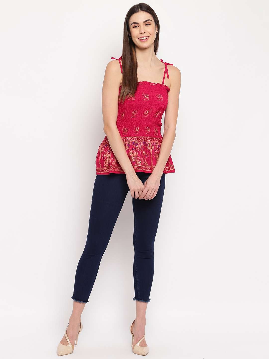 Women's Rayon Elephant Print Casual Summer Style Tie Shoulder Straps Free Size Tank Top ( Maroon Gold Pattern) - Image 3