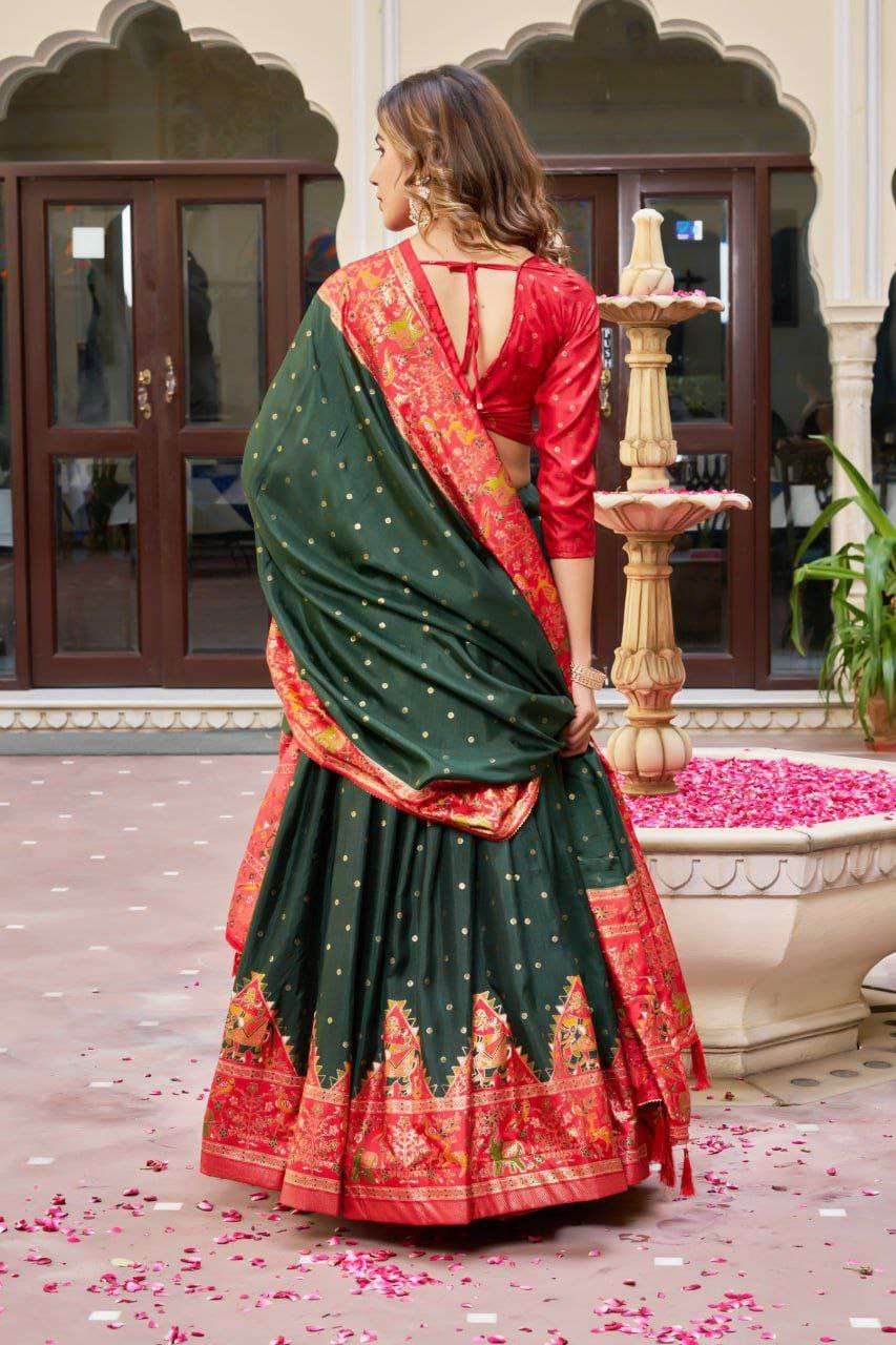 Dark Green Dola Silk Lehenga Choli with Red Blouse | Bandhej & Ajarakh Print | Wedding & Festive Wear - Image 3
