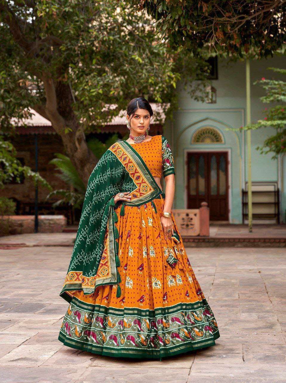 Green Tussar Silk Lehenga Choli with Yellow Blouse | Patola Print & Foil Work | Wedding & Festive Wear - Image 3
