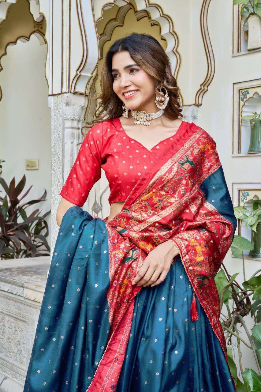 Teal Blue Dola Silk Lehenga Choli with Red Blouse | Bandhej & Ajarakh Print | Wedding & Festive Wear - Image 2