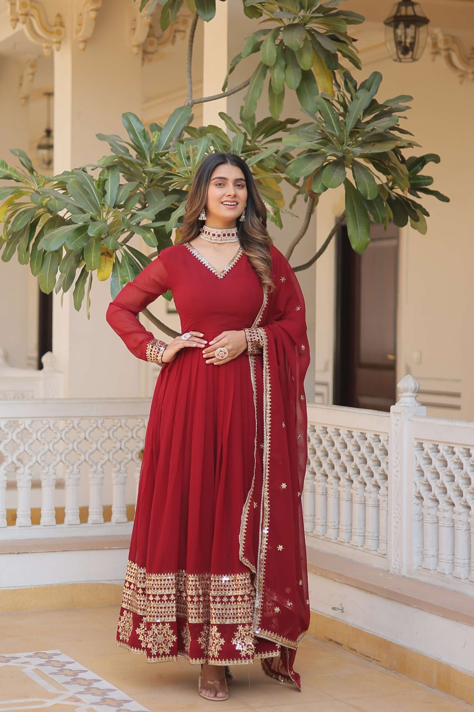 Maroon Faux Blooming Gown with Sequined Dupatta ? Elegant Fully Flared Party & Wedding Set - Image 5