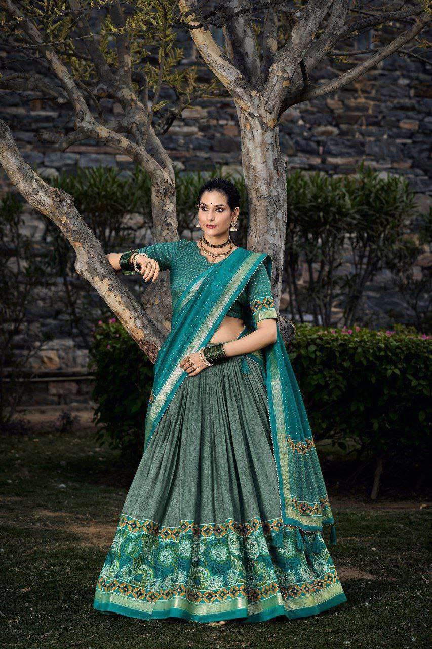 Sea Green Tussar Silk Lehenga Choli with Sea Green Blouse | Floral & Foil Print | Wedding & Festive Wear