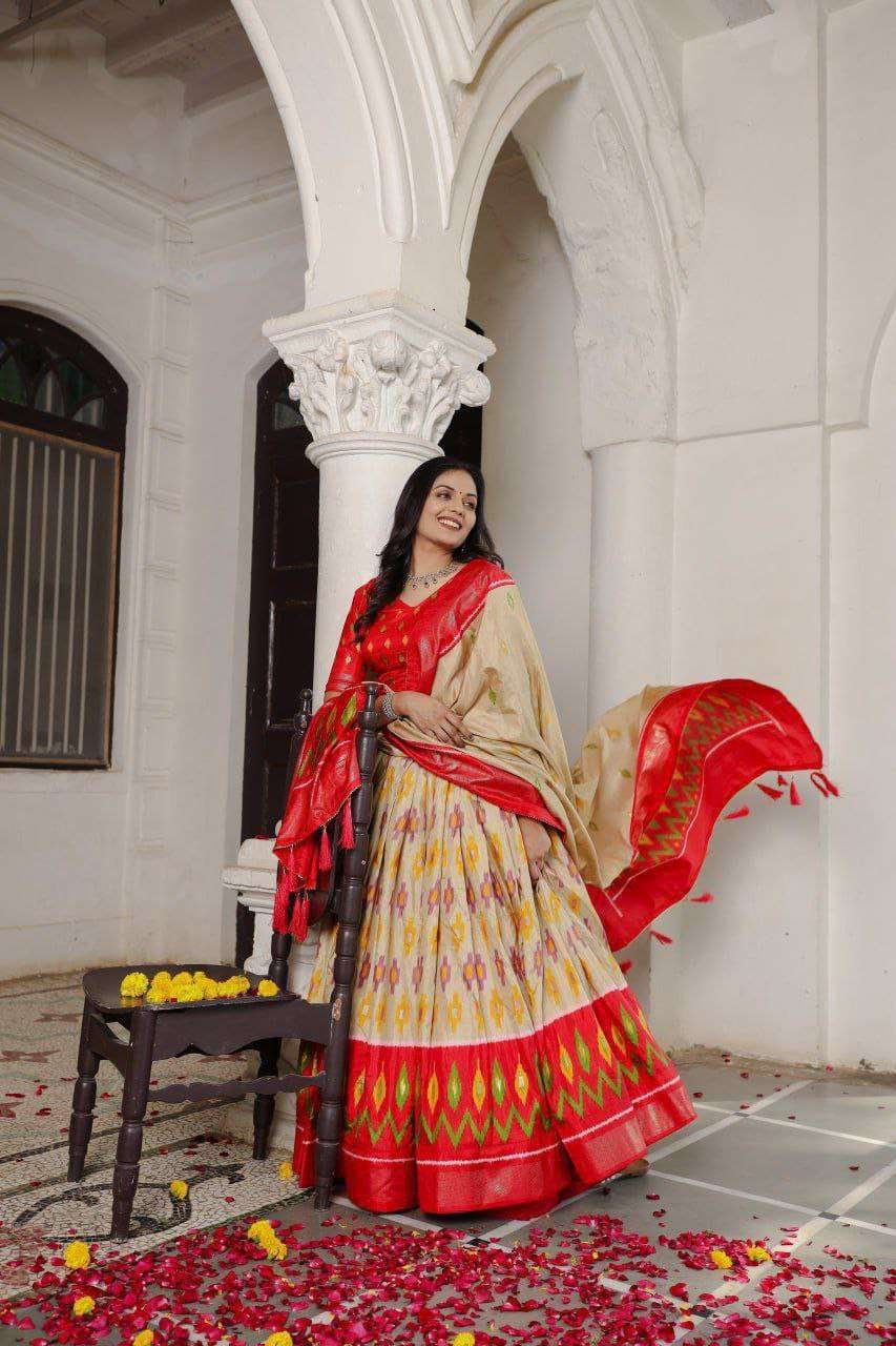 Scarlet Yellow Dola Silk Lehenga Choli with Red Blouse | Patola Print & Foil Work | Wedding & Festive Wear - Image 4