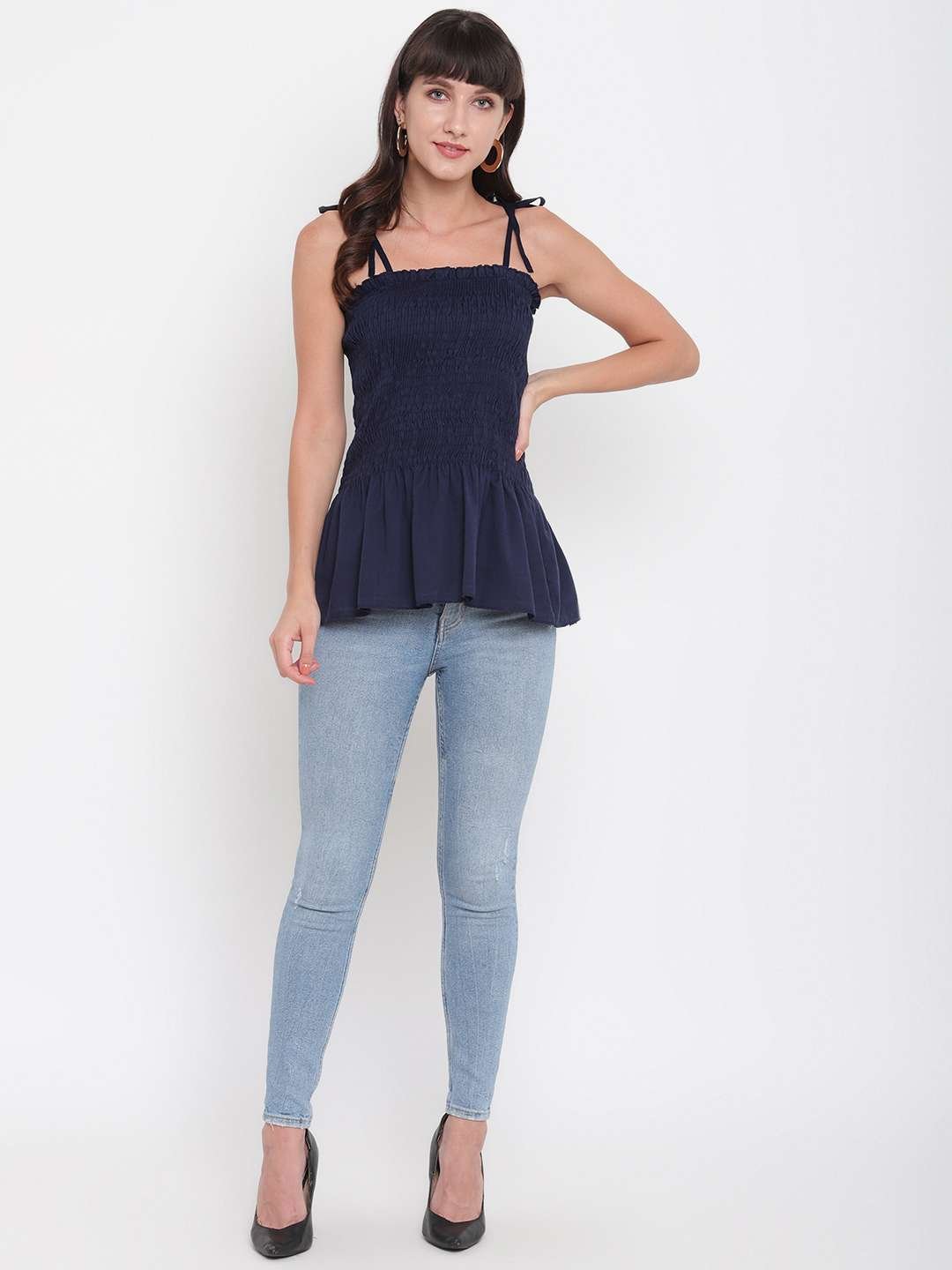 Women's Rayon Solid Casual Summer Style Tie Shoulder Straps Free Size Tank Top (Dark Blue) - Image 3
