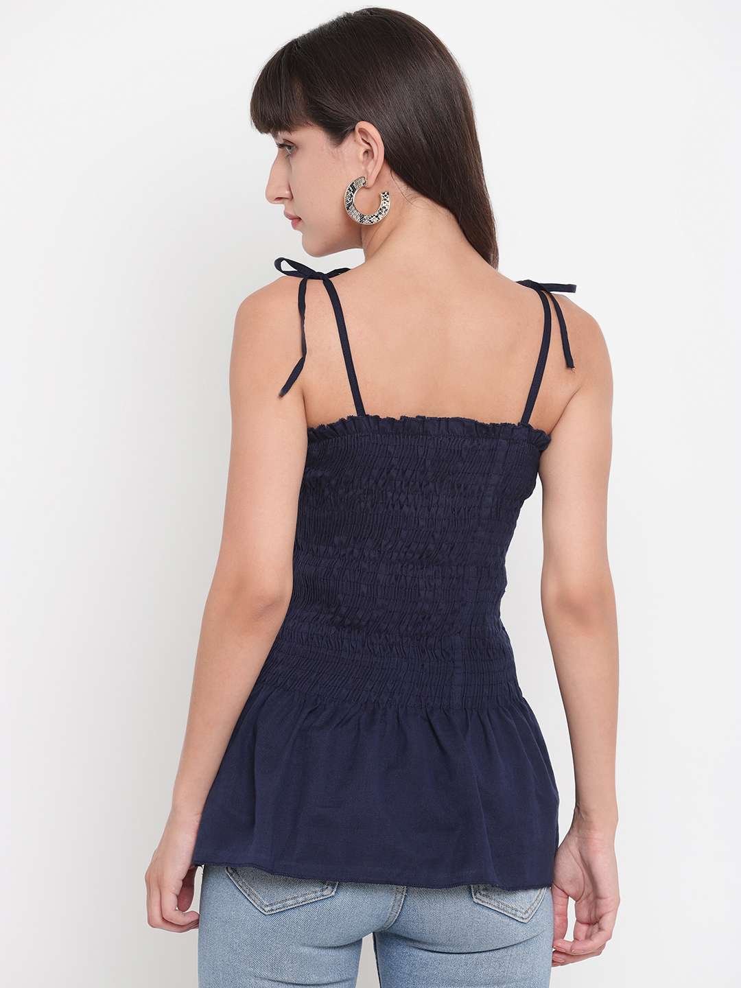 Women's Rayon Solid Casual Summer Style Tie Shoulder Straps Free Size Tank Top (Dark Blue) - Image 2