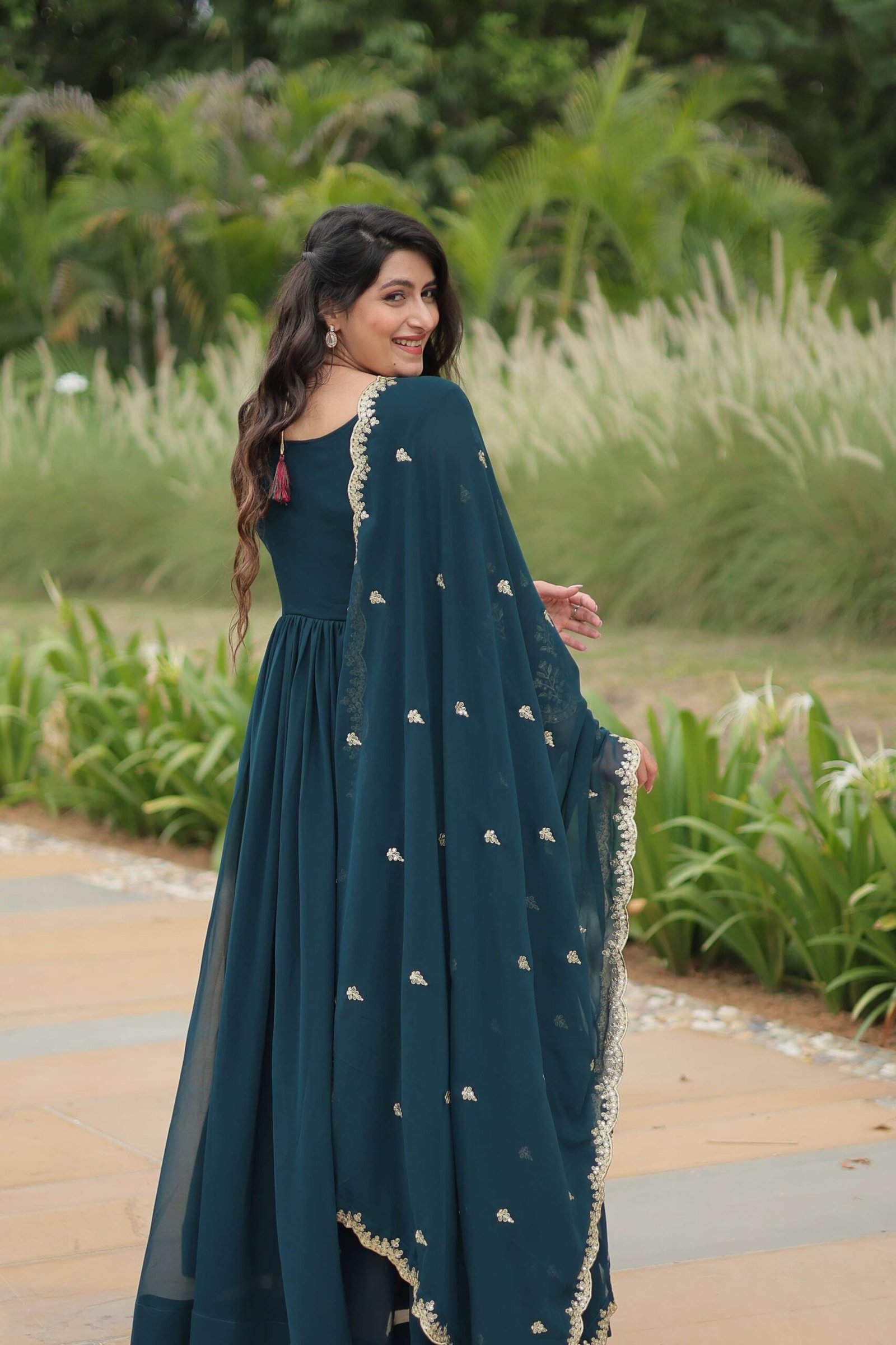 Teal-Blue Elegant Kutchi Gamthi Work Reyon Gown with Heavy Flair - Image 8