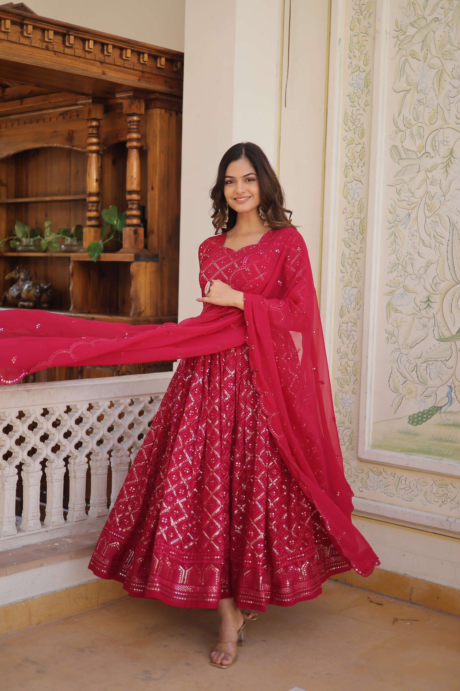 Rani Faux Blooming Designer Gown with Sequined Dupatta ? Elegant Fully Flared Party & Wedding Set - Image 2