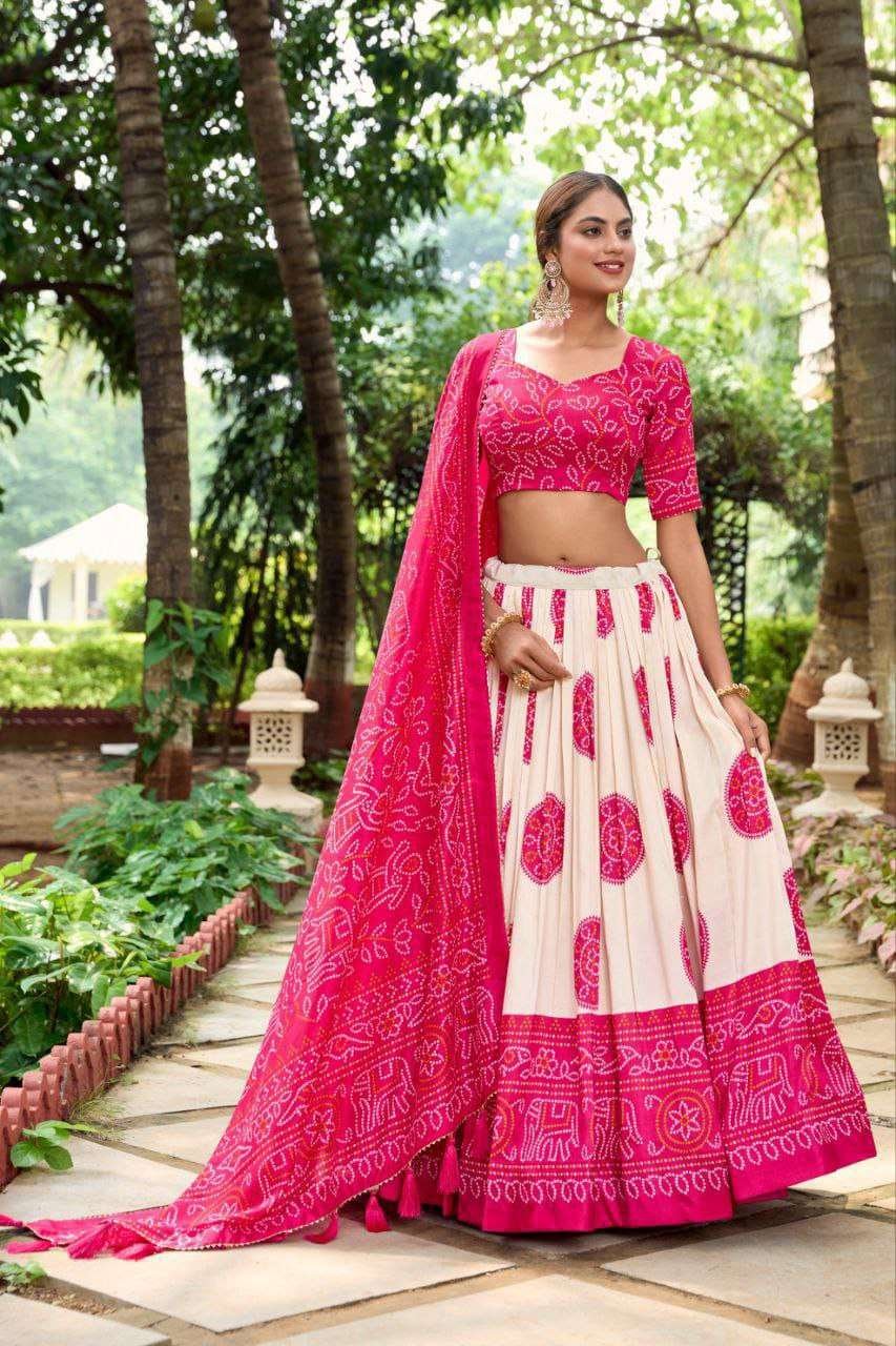 White Dola Silk Lehenga Choli with Pink Blouse | Bandhej & Patola Print | Wedding & Festive Wear