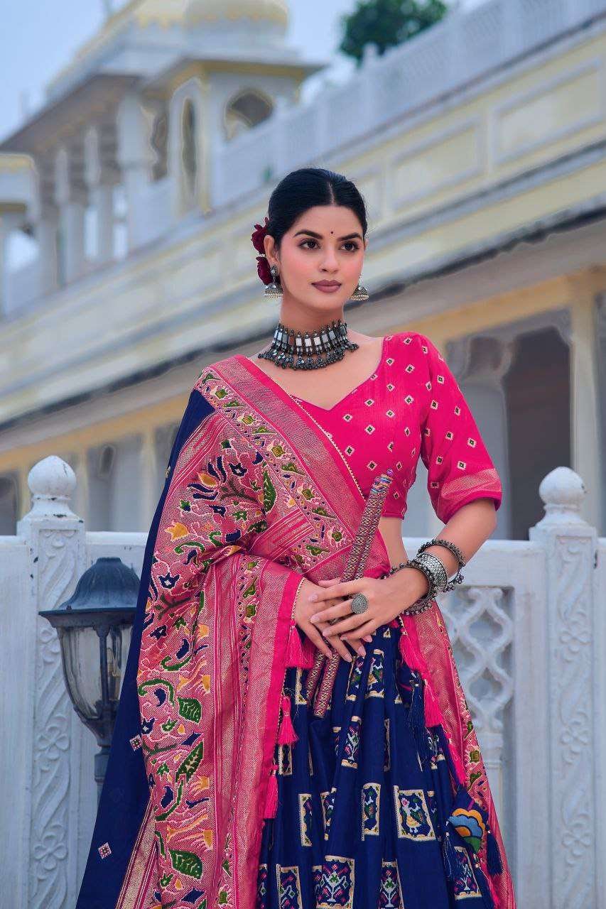 Blue Tussar Silk Lehenga Choli with Pink Blouse | Bandhani Peacock & Foil Print | Wedding & Festive Wear - Image 2