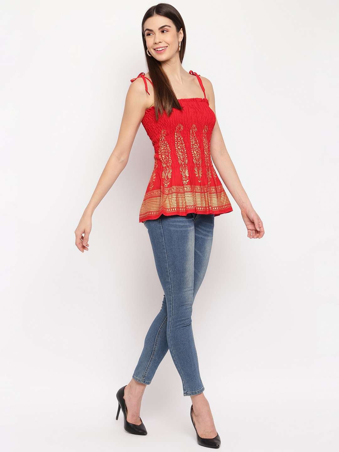 Women's Rayon Buta Printed Casual Summer Style Tie Shoulder Straps Free Size Tank Top ( Red Gold Pattern) - Image 4