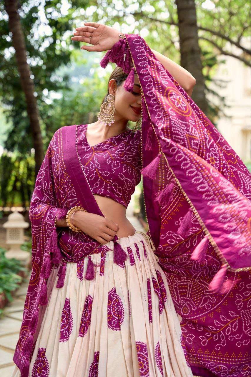 White Dola Silk Lehenga Choli with Purple Blouse & Dupatta | Bandhej & Patola Print | Wedding & Festive Wear - Image 7