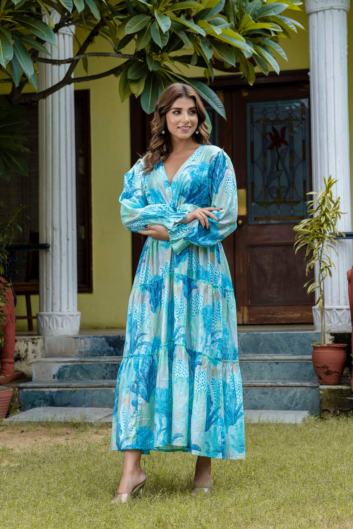 Women's Silk Printed V-Neck Long Bell Sleeves Tiered Maxi Dress Gown - Image 6