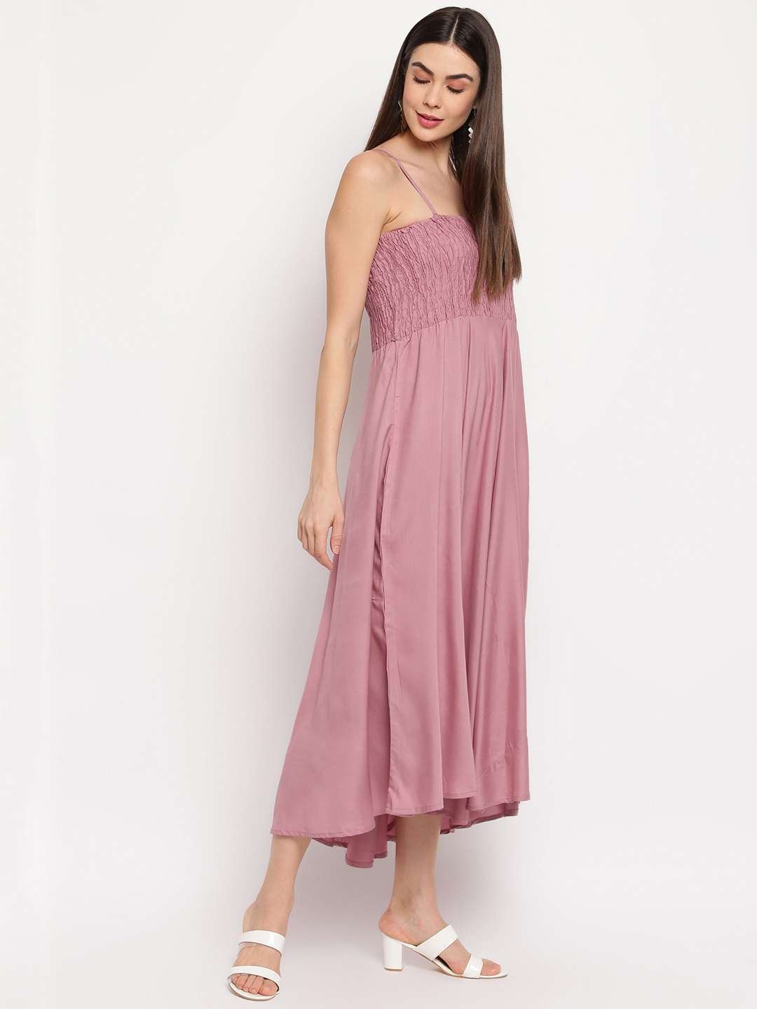 Women's Viscose Rayon Solid Shoulder Straps Sleeveless Flared Gown Drees (MAUVE) - Image 3