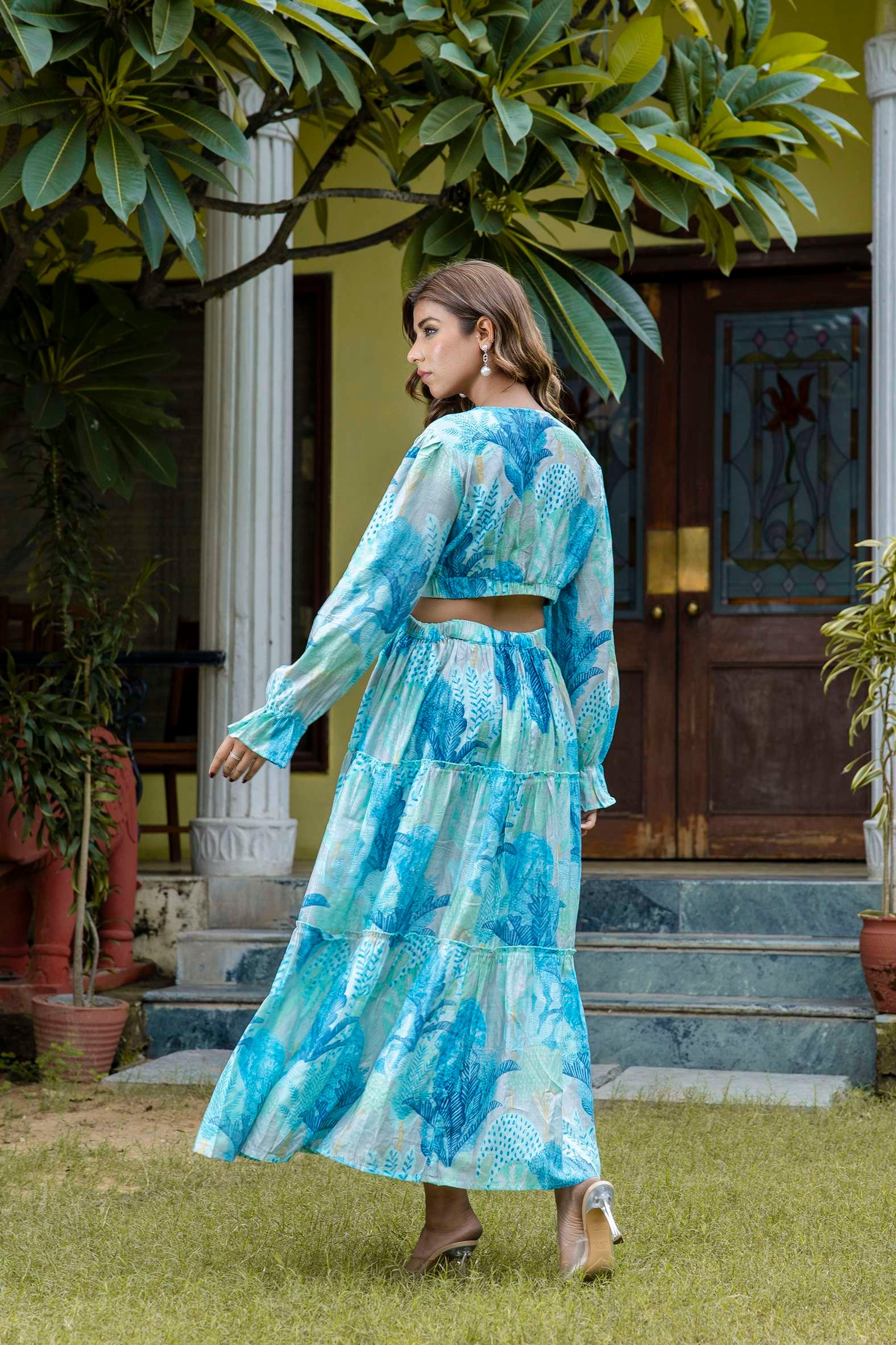 Women's Silk Printed V-Neck Long Bell Sleeves Tiered Maxi Dress Gown - Image 2