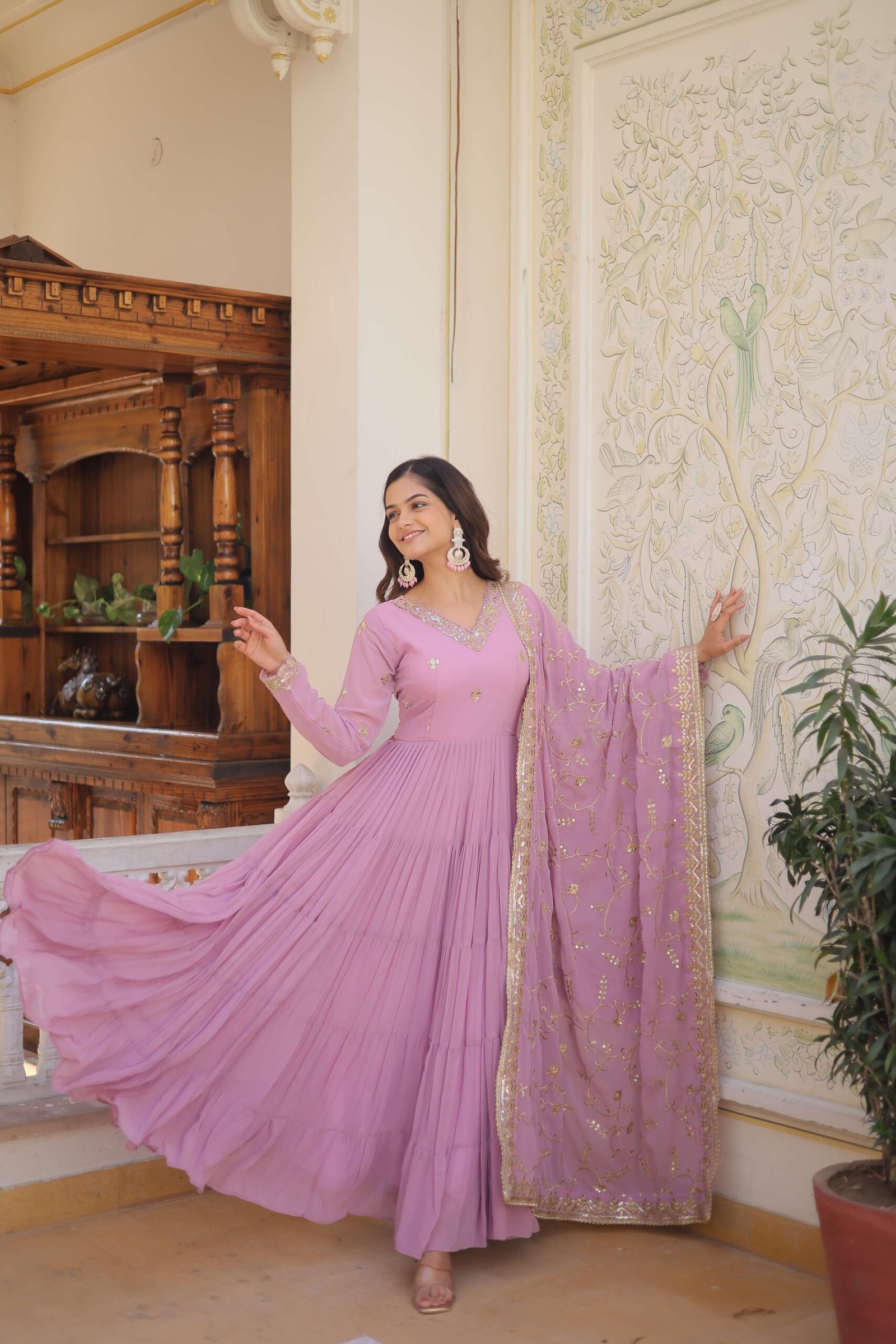 Purple Faux Georgette Designer Gown with Sequined Dupatta ? Fully Flared Elegant Ready-to-Wear Set - Image 2