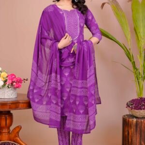 Women's Violet Cotton Printed Straight Kurti with Pant & Dupatta Set