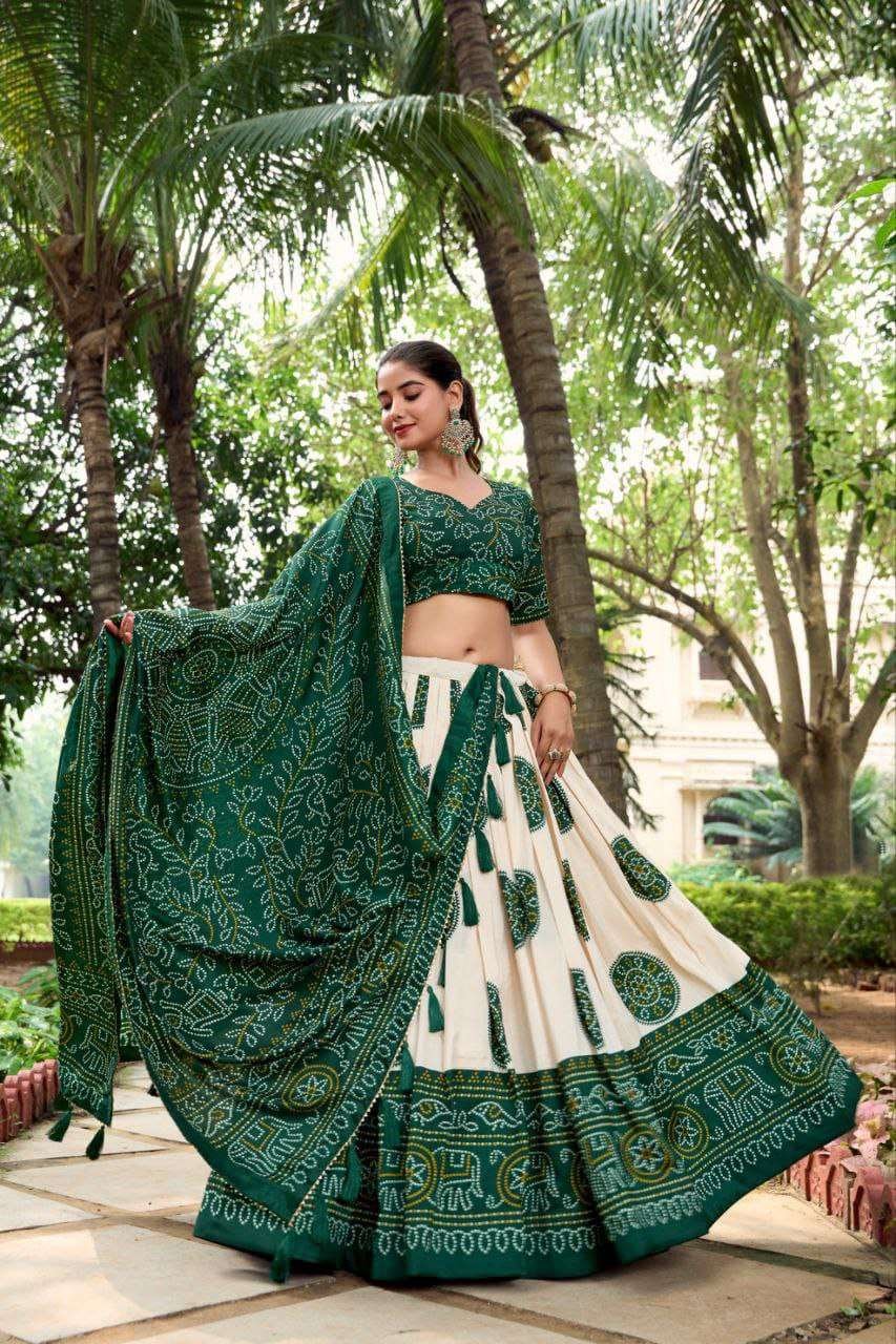White Dola Silk Lehenga Choli with Forest Green Blouse | Bandhej & Patola Print | Wedding & Festive Wear - Image 3