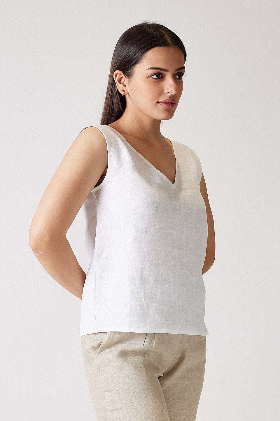 Women's Cotton Solid V Neck Sleeveless 2 Piece Outfit Loose Tank Top and Wide Leg Palazzo Pants Sets cord set ( White Beige ) - Image 3