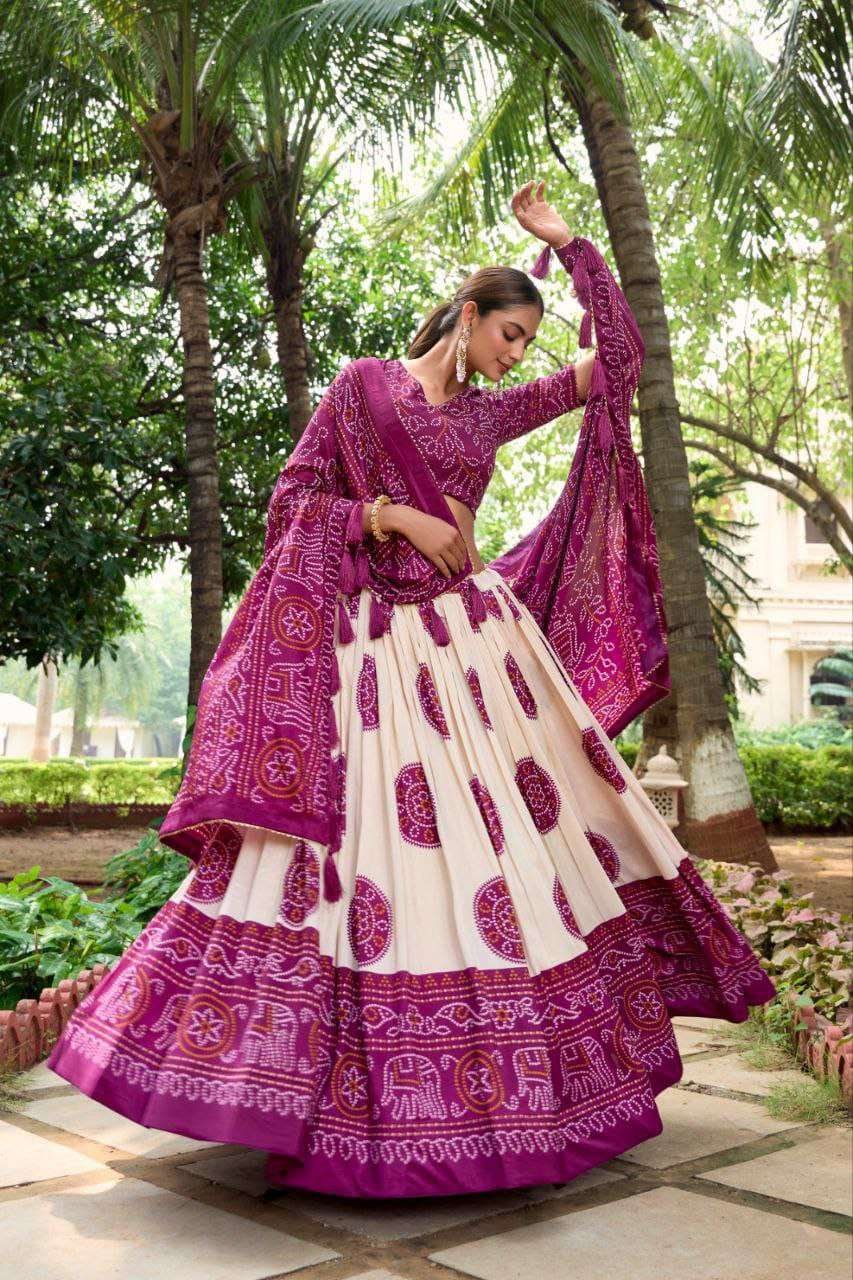 White Dola Silk Lehenga Choli with Purple Blouse & Dupatta | Bandhej & Patola Print | Wedding & Festive Wear - Image 4