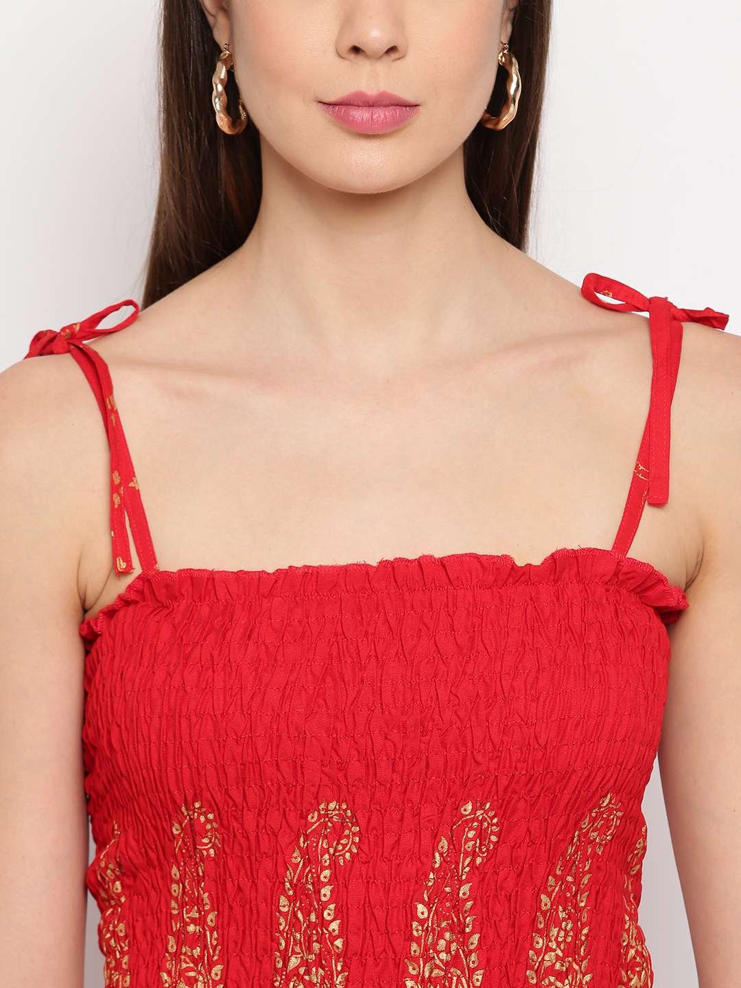 Women's Rayon Buta Printed Casual Summer Style Tie Shoulder Straps Free Size Tank Top ( Red Gold Pattern) - Image 3