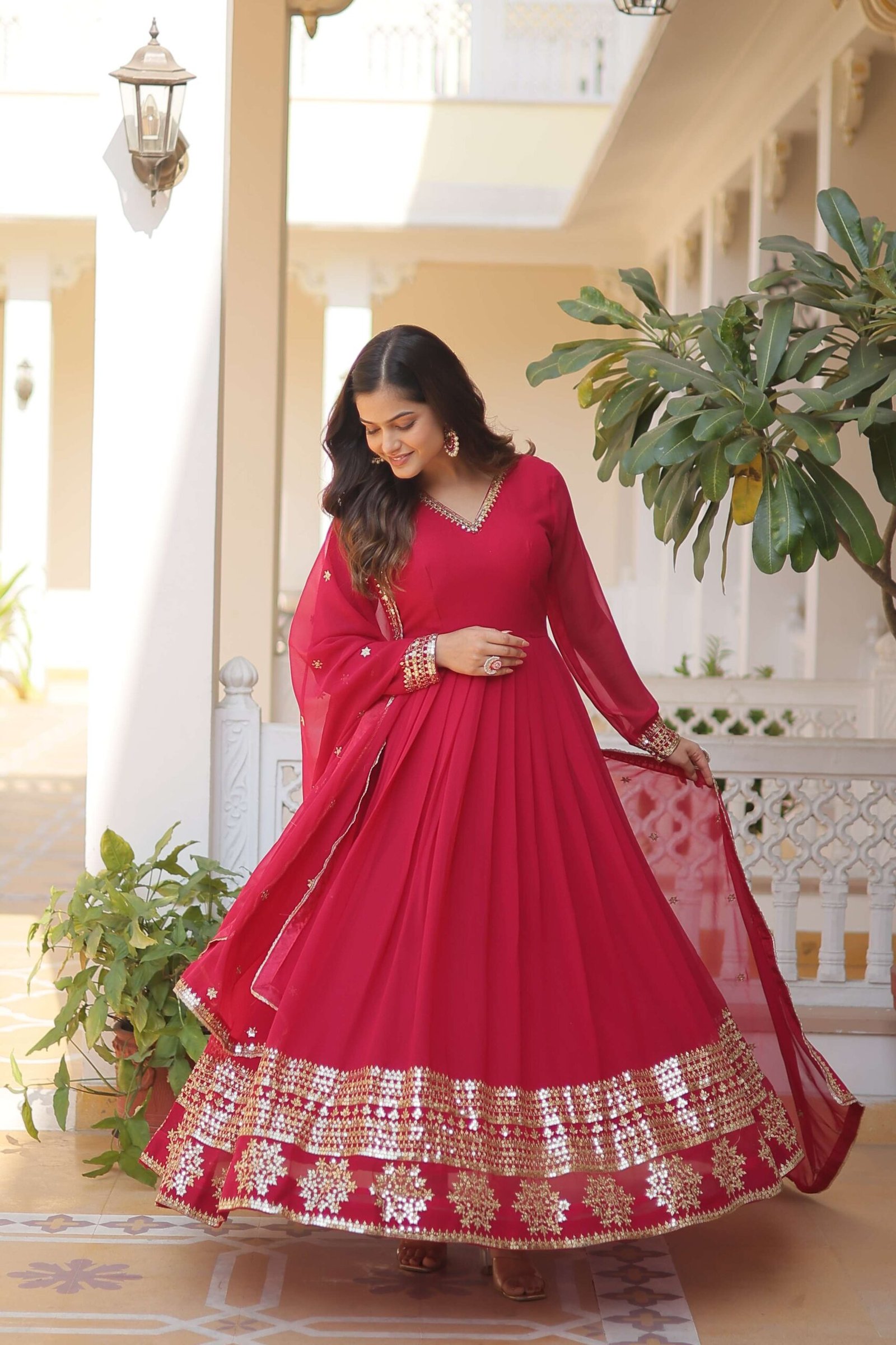 Pink Faux Blooming Gown with Sequined Dupatta ? Elegant Fully Flared Party & Wedding Set - Image 2