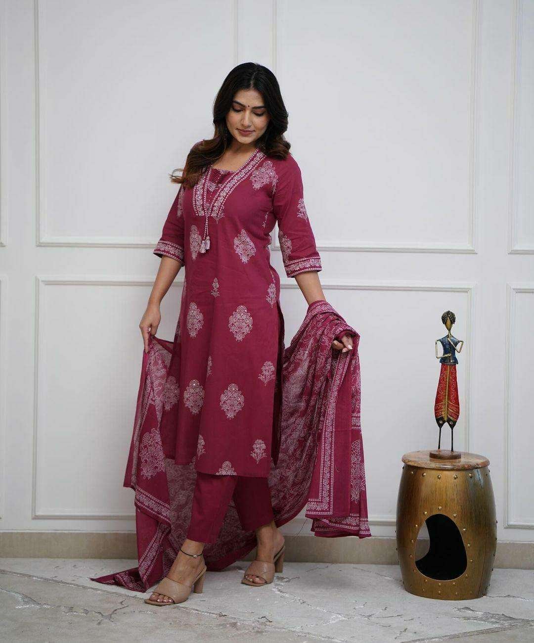 Women's Cotton Printed Straight Kurti with pant and Dupatta Set - Image 2