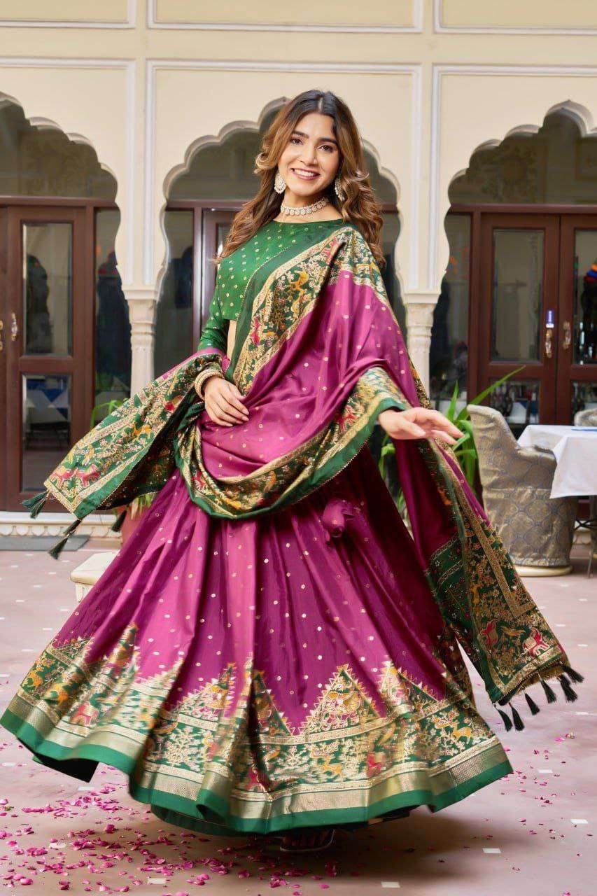 Purple Dola Silk Lehenga Choli with Dark Green Blouse | Bandhej & Ajarakh Print | Wedding & Festive Wear - Image 3