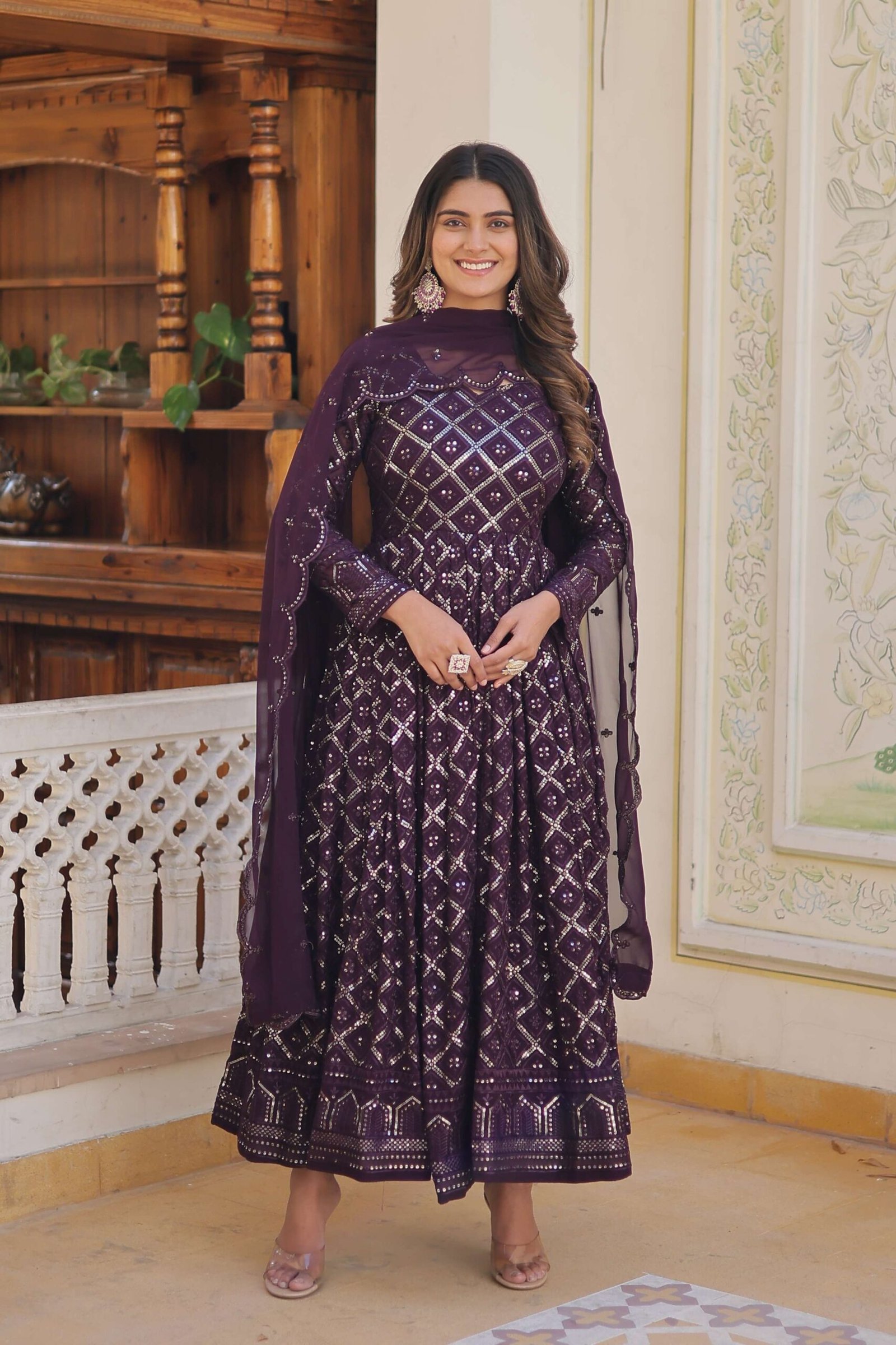 Wine Faux Blooming Designer Gown with Sequined Dupatta ? Elegant Fully Flared Party & Wedding Set - Image 3
