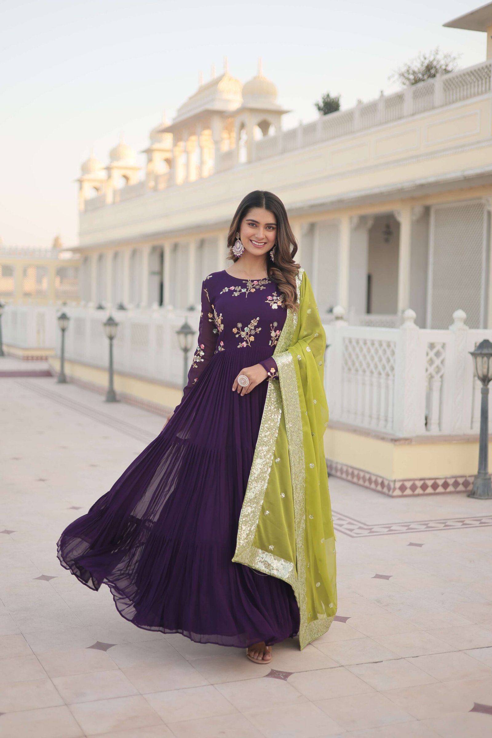 Purple Faux Georgette Designer Gown with Russian Silk Sequined Dupatta ? Elegant Fully Flared Party & Wedding Set - Image 3