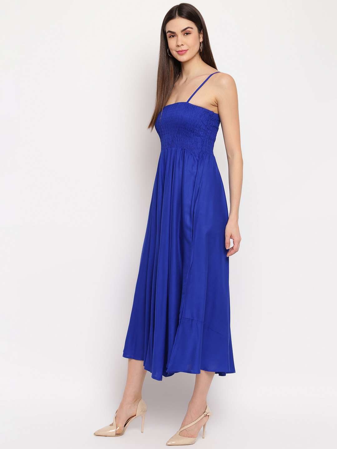 Women's Viscose Rayon Solid Shoulder Straps Sleeveless Flared Gown Drees (Royal Blue)