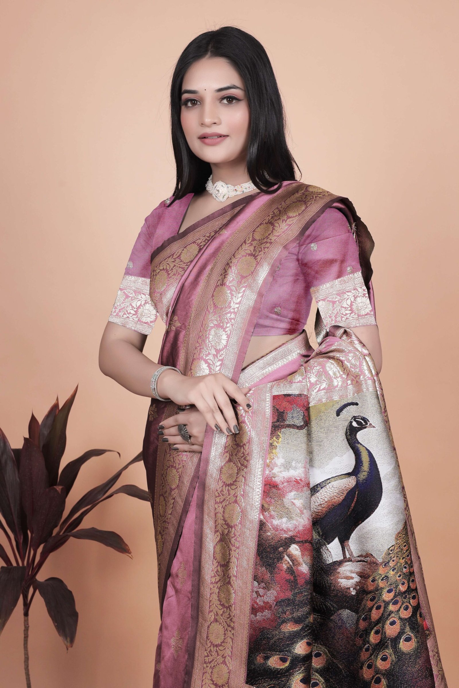 Rosewood Pink Banarasi Silk Saree with Golden Zari & Peacock Pallu | Wedding, Festive & Traditional Wear - Image 3