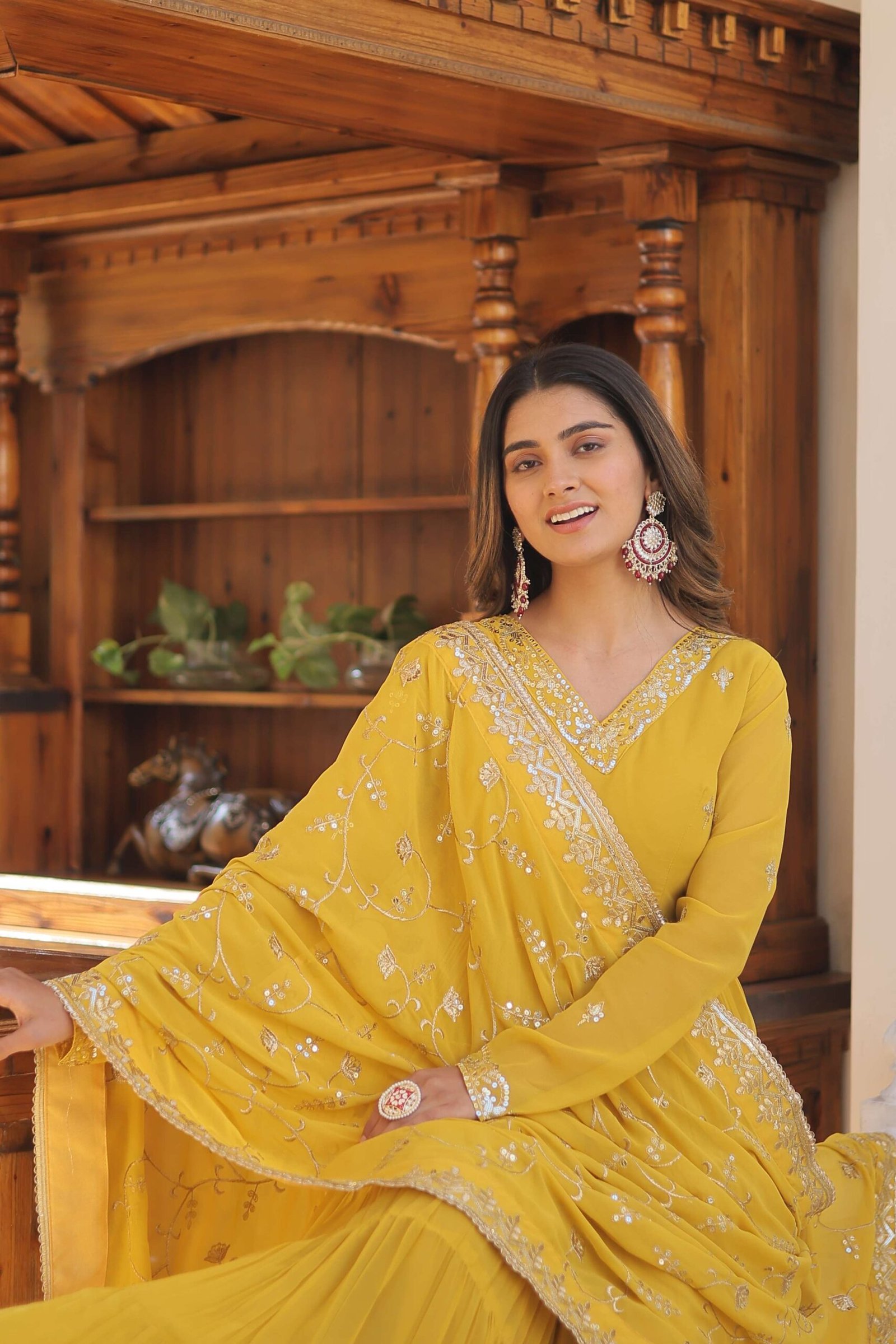 Yellow Faux Georgette Designer Gown with Sequined Dupatta ? Fully Flared Elegant Party & Wedding Set - Image 4