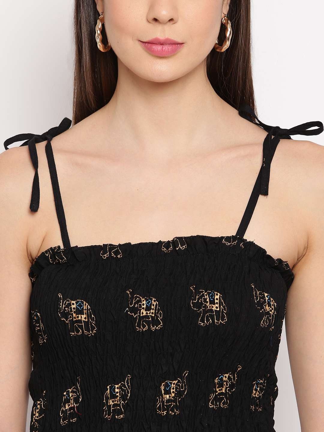 Women's Rayon Elephant Print Casual Summer Style Tie Shoulder Straps Free Size Tank Top ( Black Gold Pattern) - Image 4