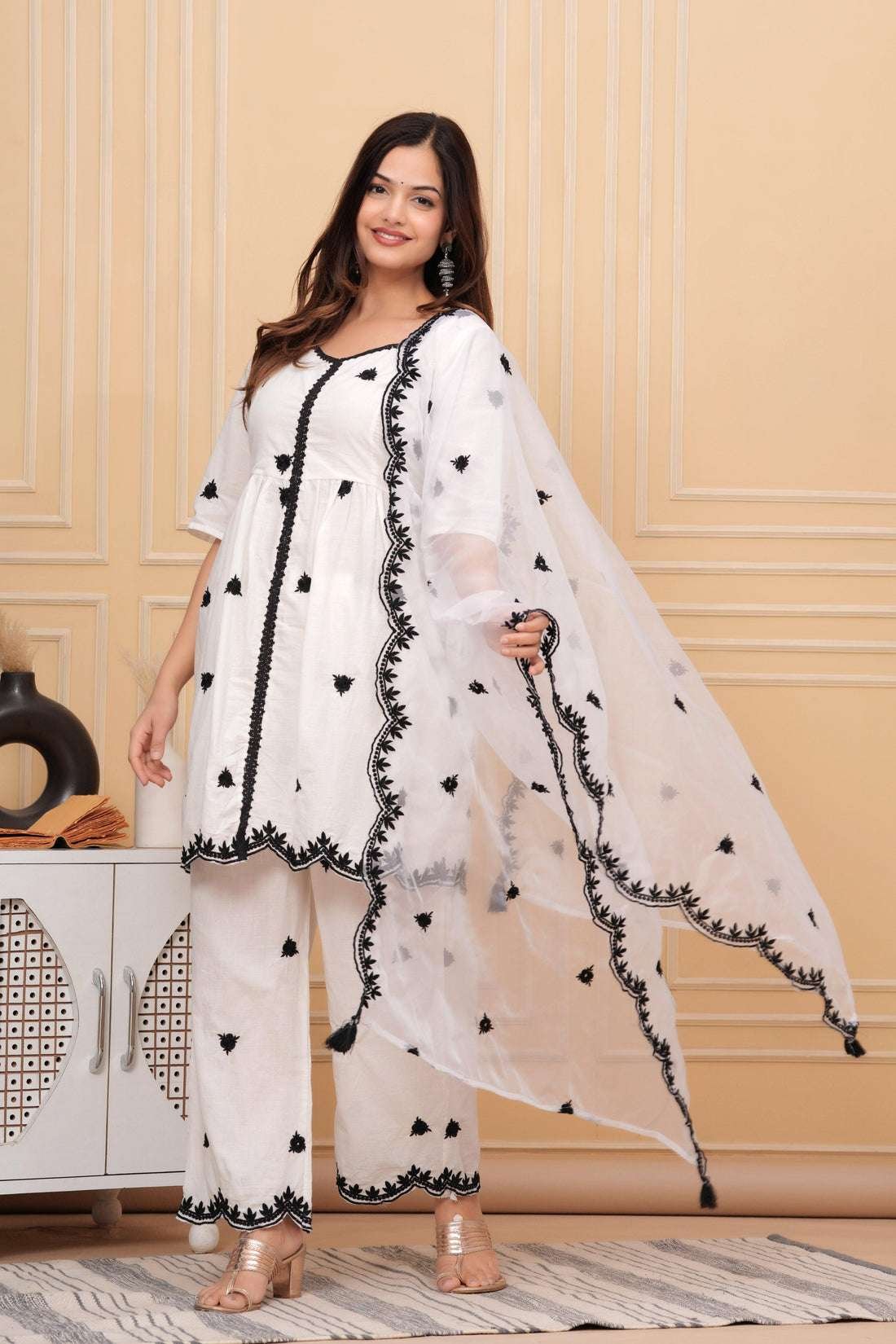 Women's Cotton Embroidery Work Straight Kurti with pant and Dupatta Set - Image 2