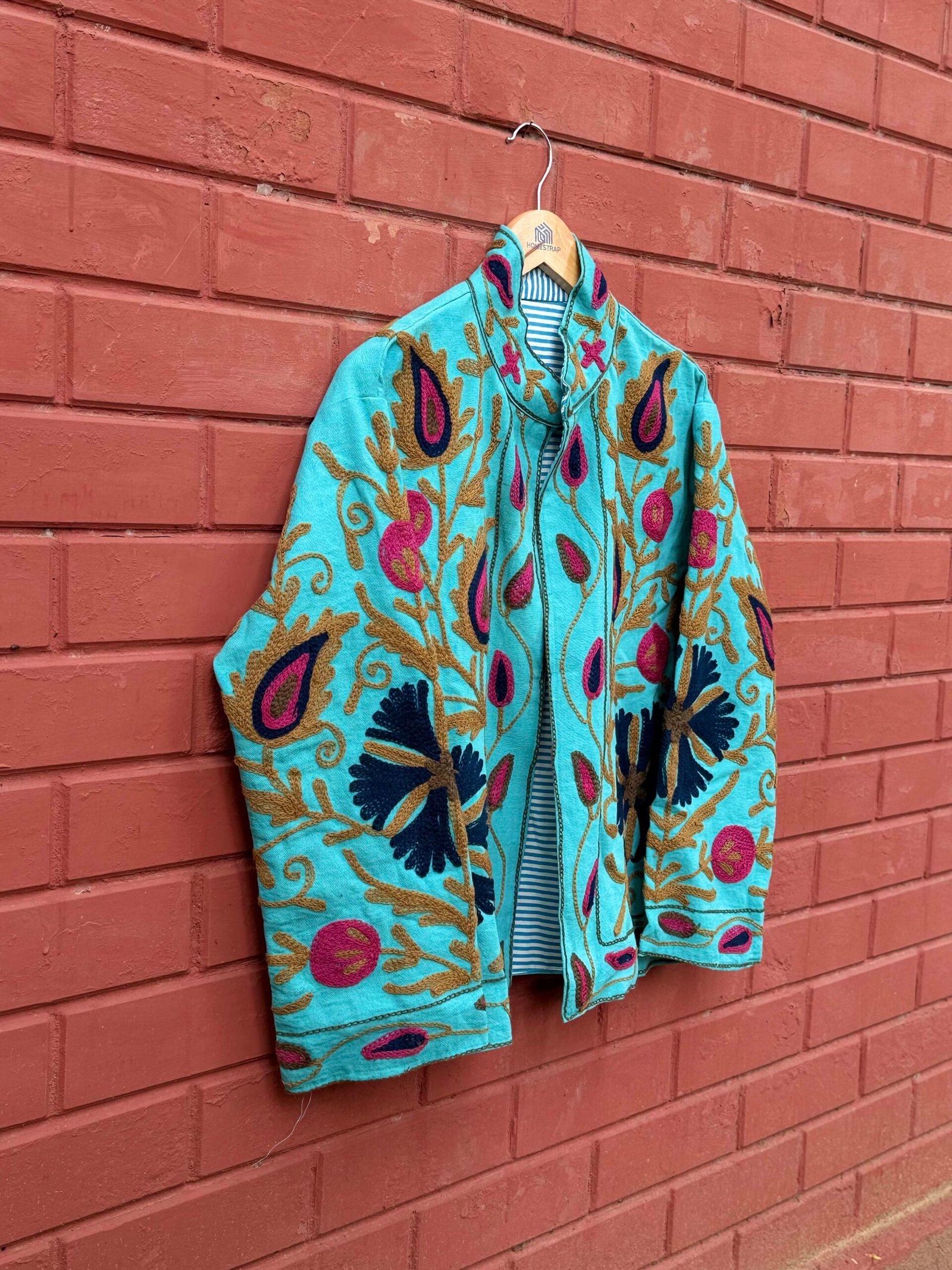 Womens Teal Blue Velvet Embroidered Jacket with Floral Design - Image 3