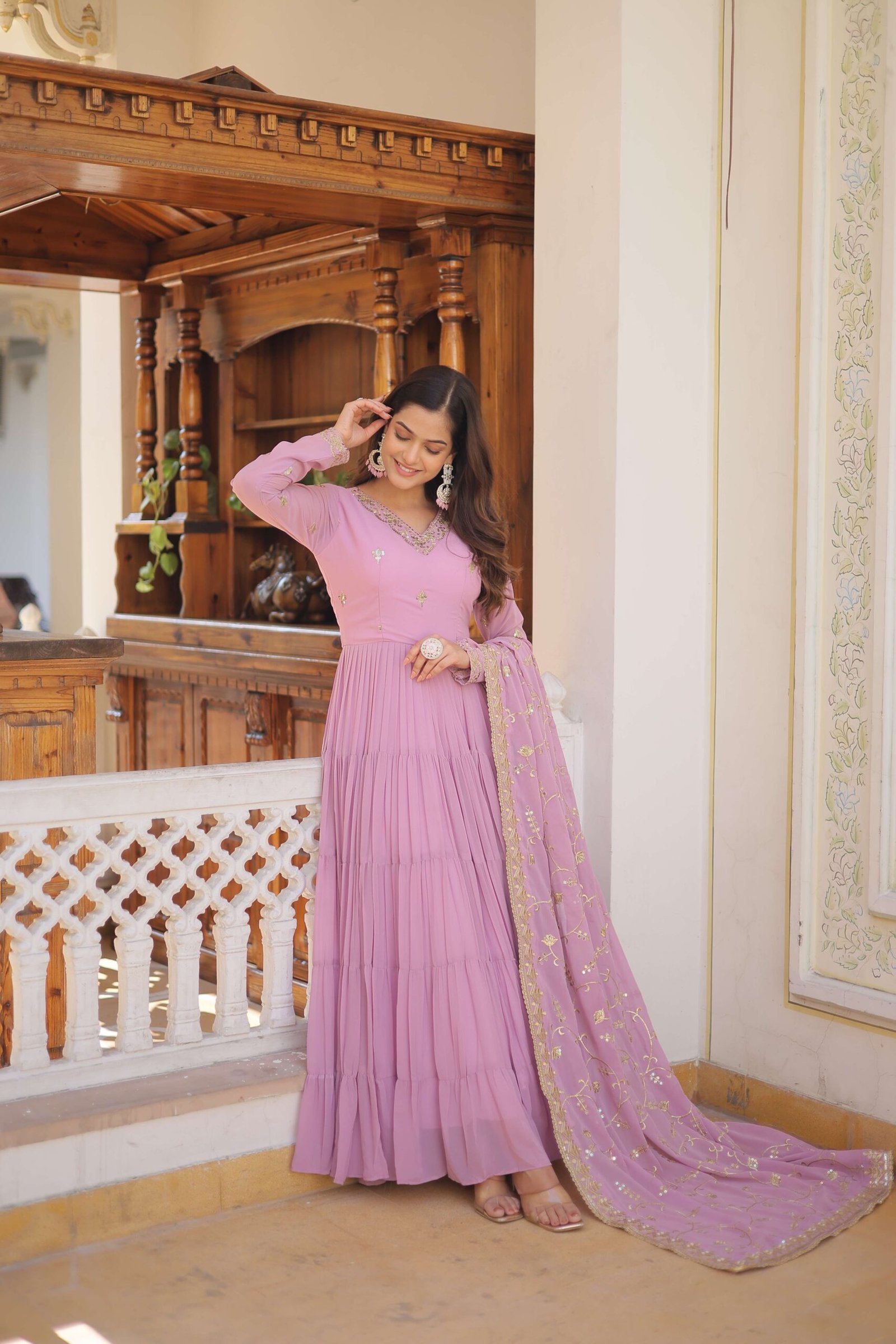 Purple Faux Georgette Designer Gown with Sequined Dupatta ? Fully Flared Elegant Ready-to-Wear Set