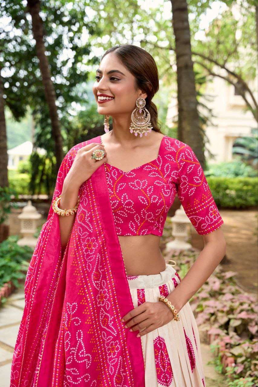 White Dola Silk Lehenga Choli with Pink Blouse | Bandhej & Patola Print | Wedding & Festive Wear - Image 3