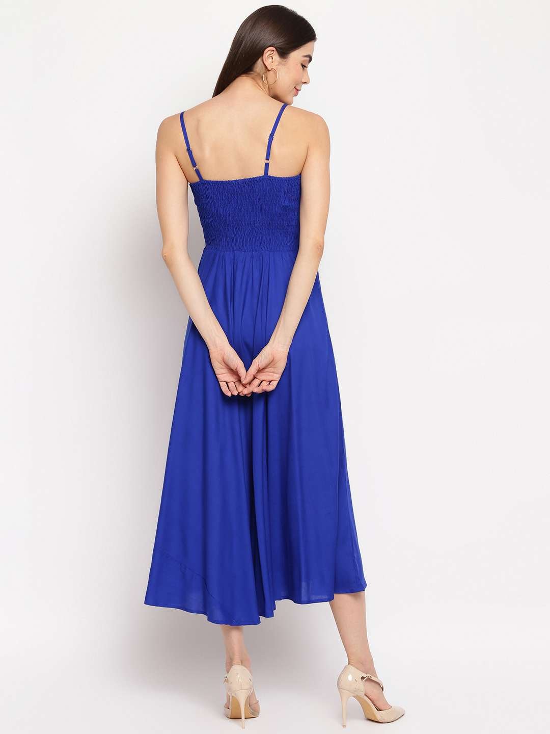 Women's Viscose Rayon Solid Shoulder Straps Sleeveless Flared Gown Drees (Royal Blue) - Image 3