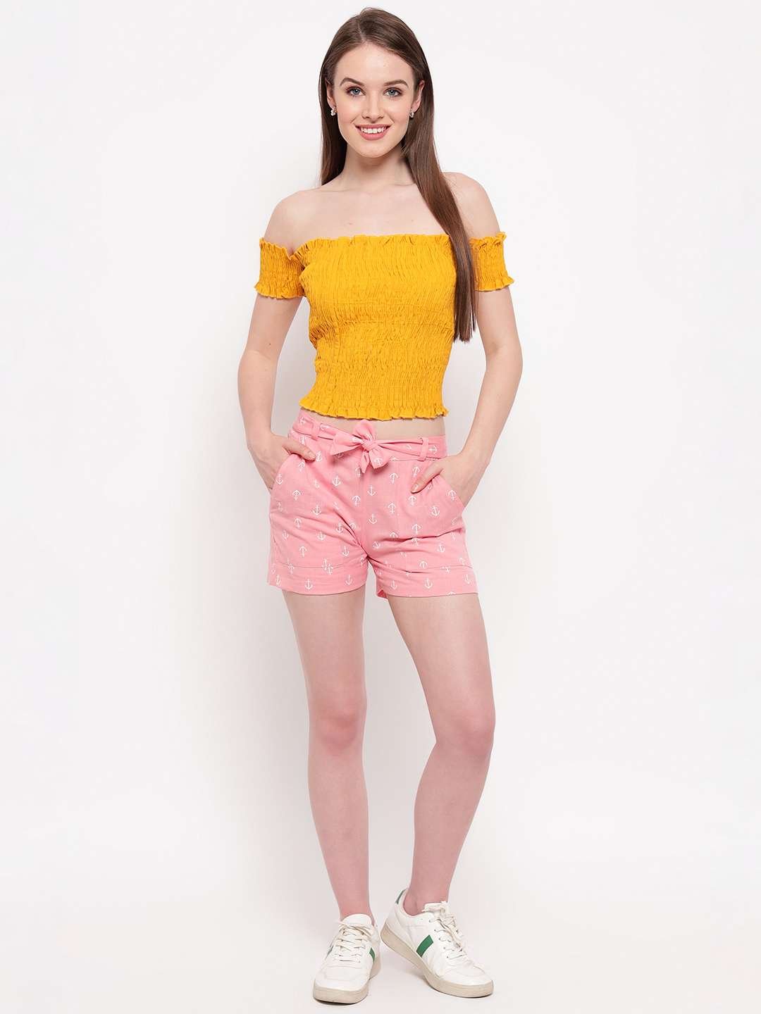 Women's Rayon Solid Off-Shoulder Smocked Crop Top Short Sleeve Casual Styles Tank Top (FREE SIZE) Multi24 - Image 4