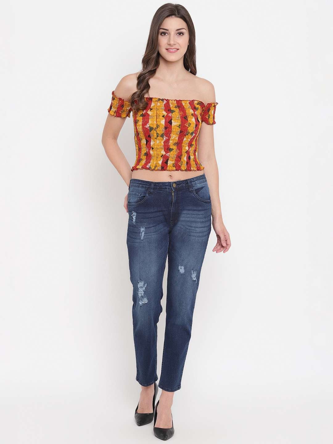 Women's Rayon Printed Off-Shoulder Smocked Crop Top Short Sleeve Casual Styles Tank Top (FREE SIZE) Multi39 - Image 3
