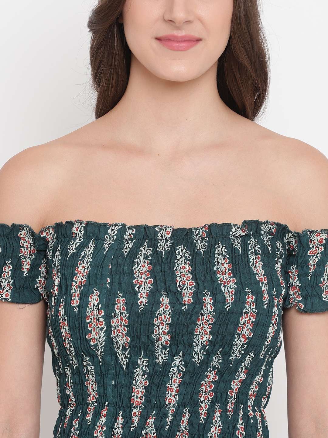 Women's Rayon Printed Off-Shoulder Smocked Crop Top Short Sleeve Casual Styles Tank Top (FREE SIZE) Multi37 - Image 3