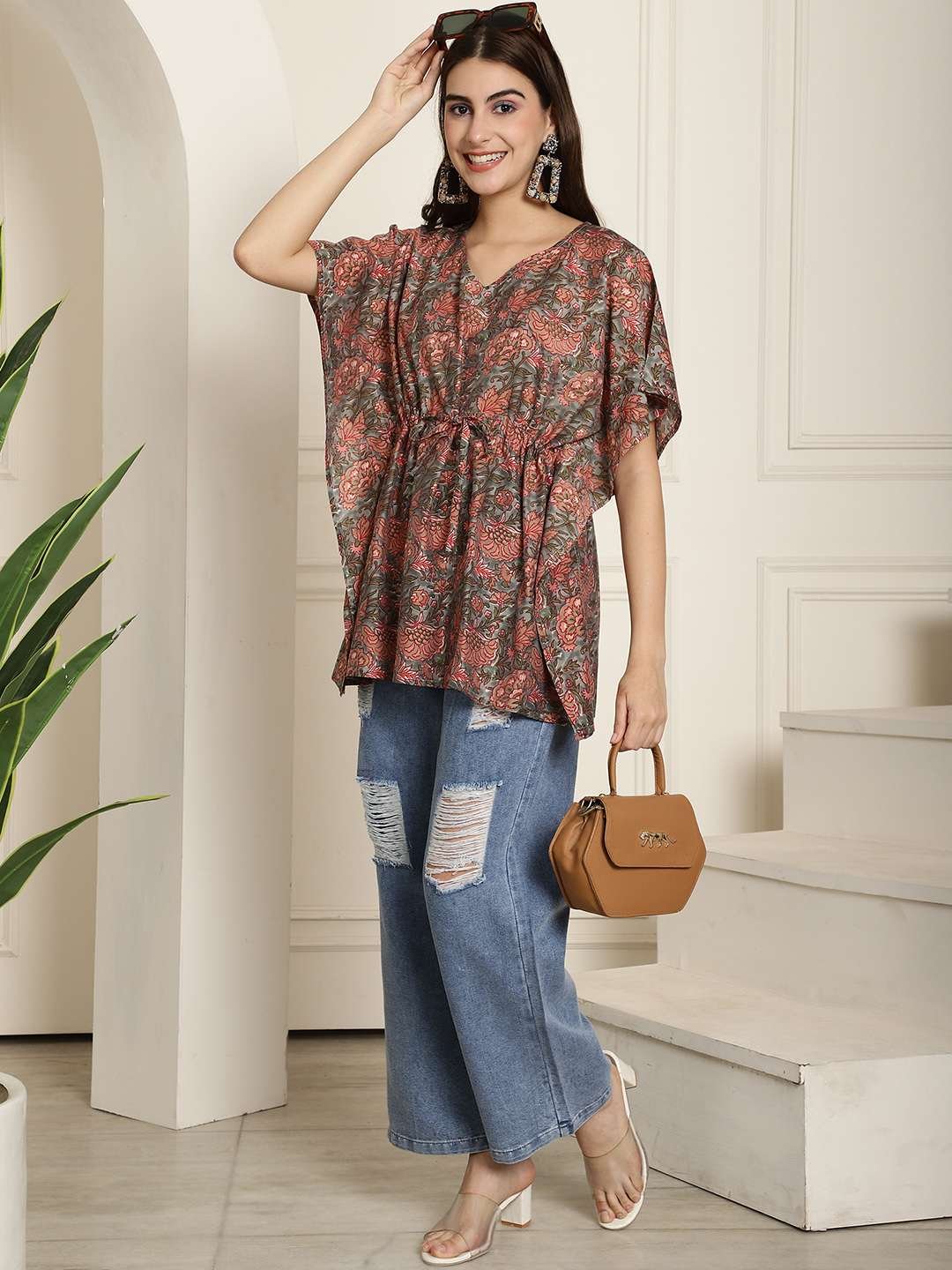 Women's Chanderi Printed Kaftan Top With Bell Sleeve Dress (Multti Color2) - Image 3