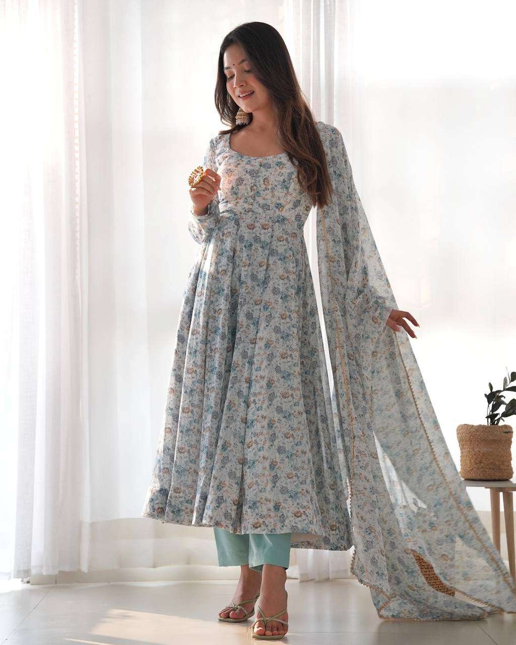 Womens Crunchy Silk Anarkali Kurti with Pant & Dupatta Set - Image 6