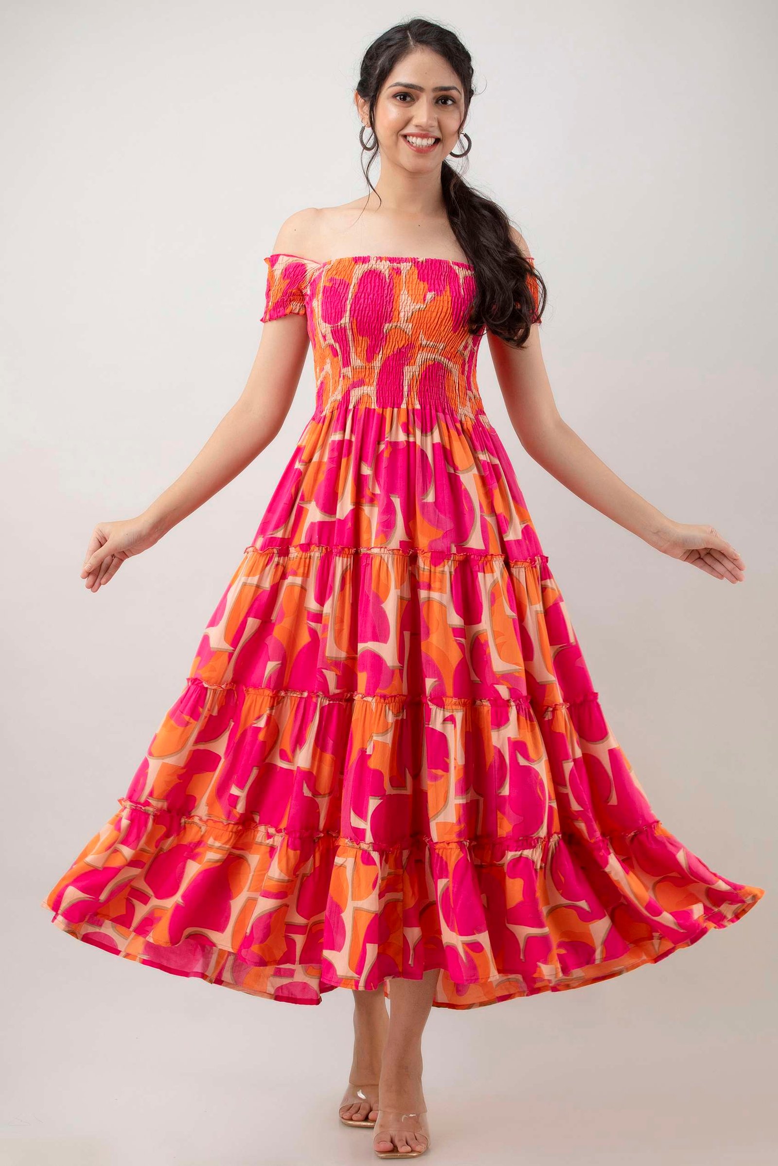 Women's Viscos Rayon Printed Off Shoulder Midi Dress For Summer And Casual Wear (Pink Strip)