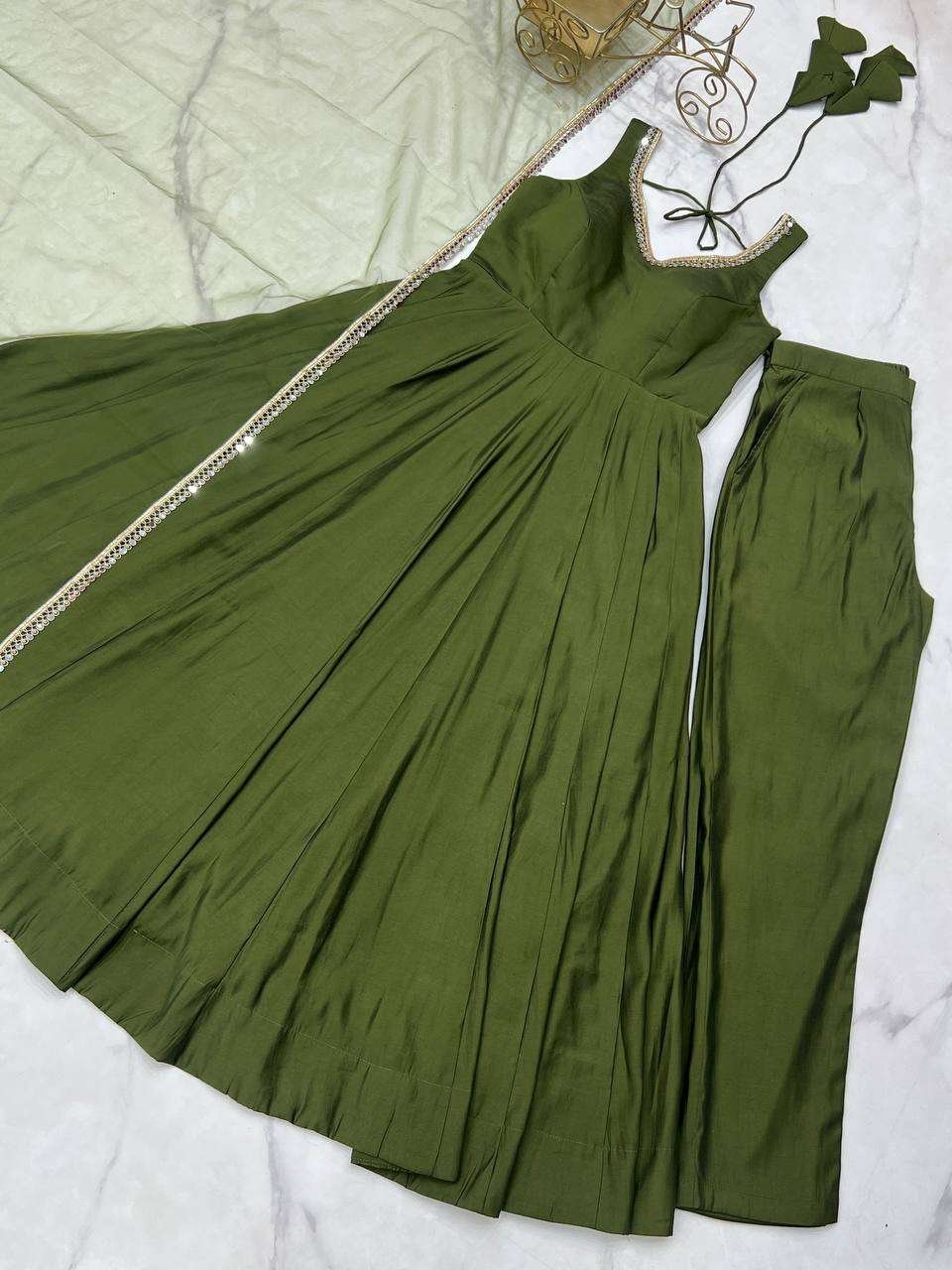Womens Pure Romansilk Chanderi Anarkali Kurti with Pant & Dupatta Set - Image 4