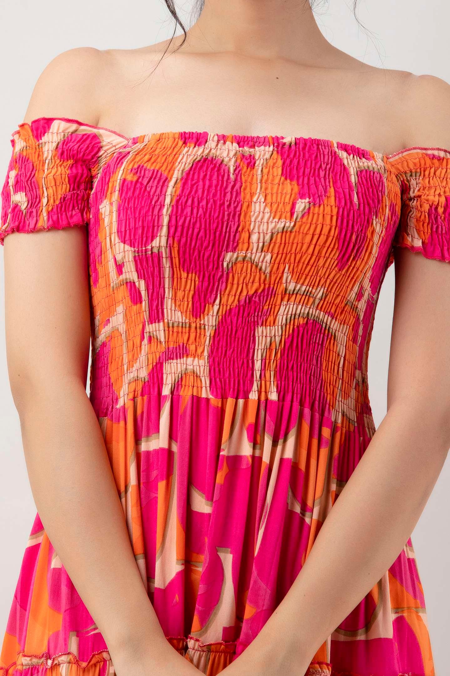 Women's Viscos Rayon Printed Off Shoulder Midi Dress For Summer And Casual Wear (Pink Strip) - Image 7