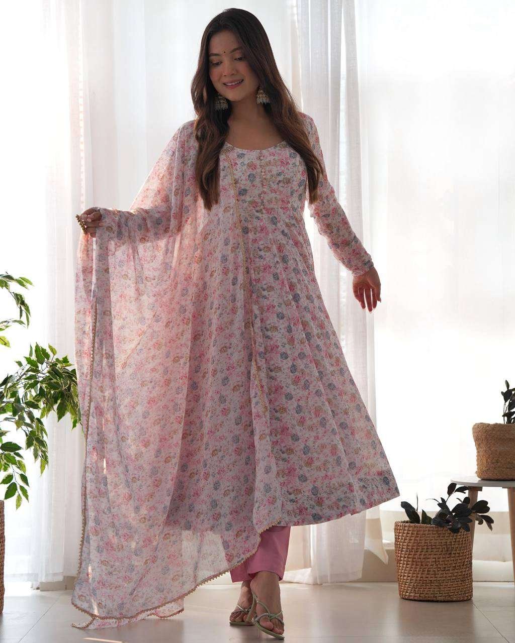 Womens Crunchy Silk Anarkali Kurti with Pant & Dupatta Set - Image 5
