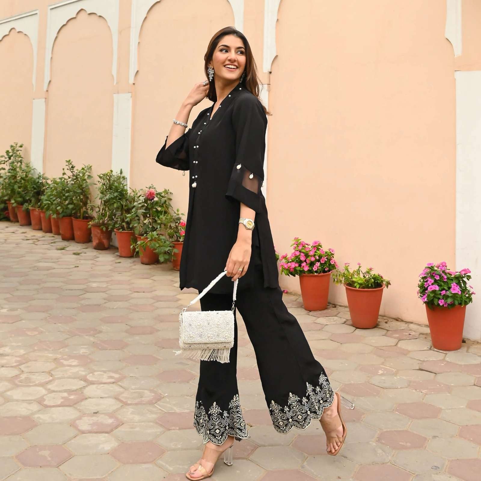 Women's Cotton Embroidered Co-Ord Set Elegant Summer Two-Piece Outfit ( Black) - Image 3