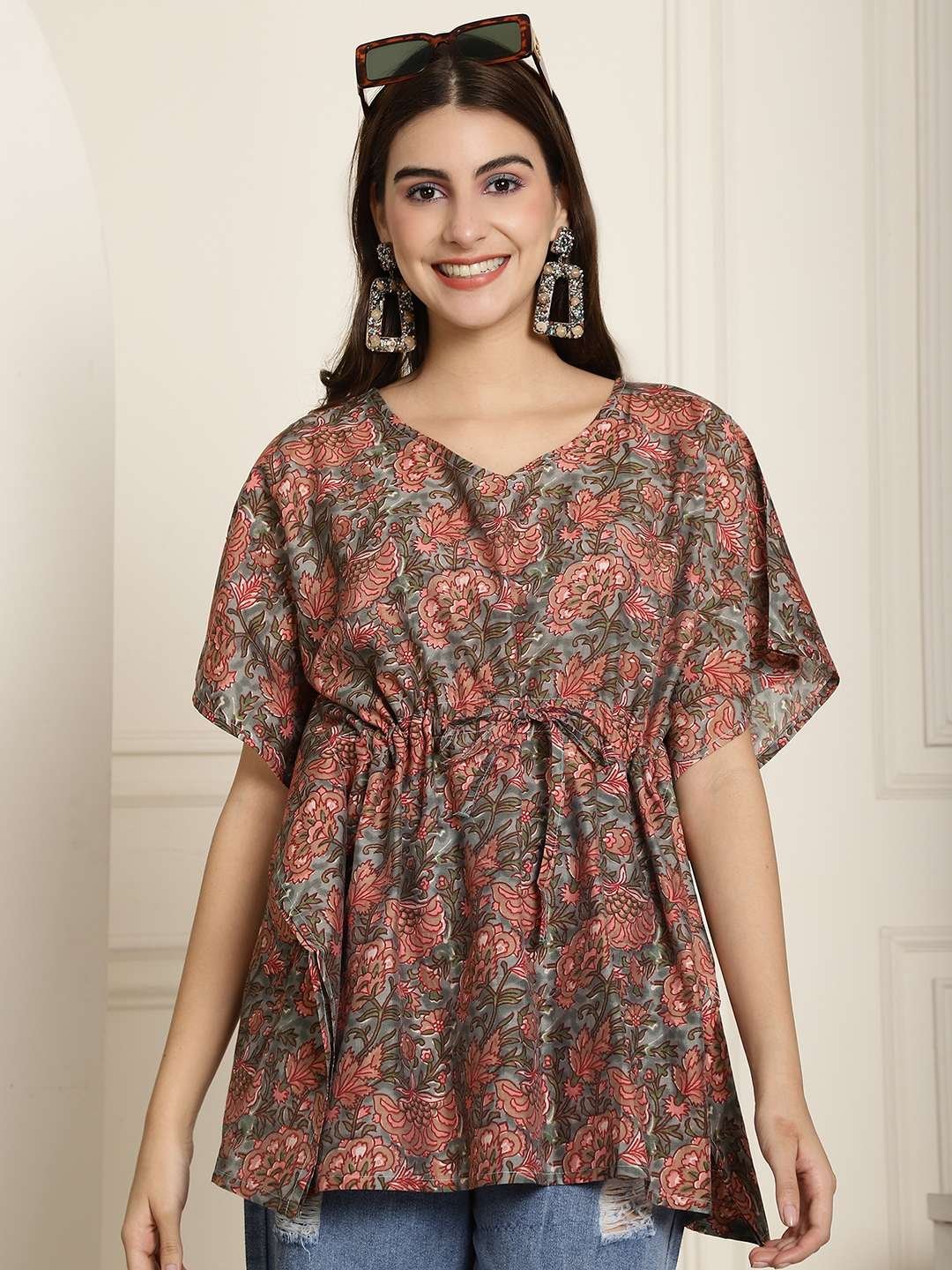 Women's Chanderi Printed Kaftan Top With Bell Sleeve Dress (Multti Color2) - Image 4